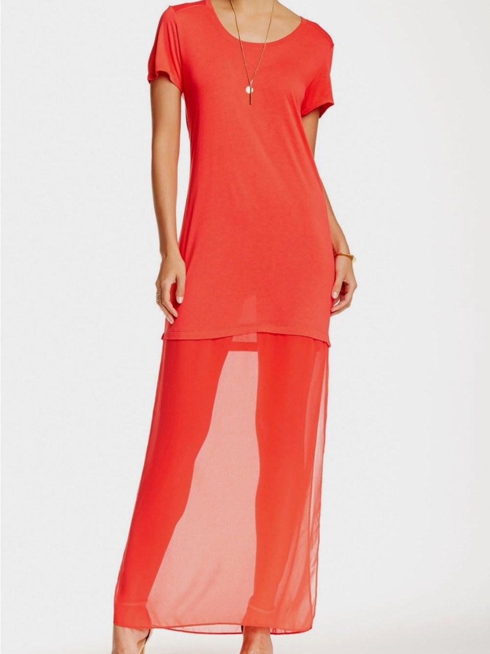 BCBGMaxAzria Coral Short-Sleeve Maxi with Sheer Skirt